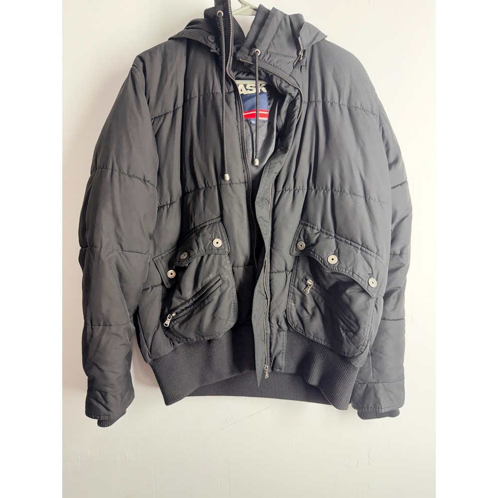 ASK Enquired Black Puffer Bomber Jacket Hooded Embroidered Crest Y2K Large